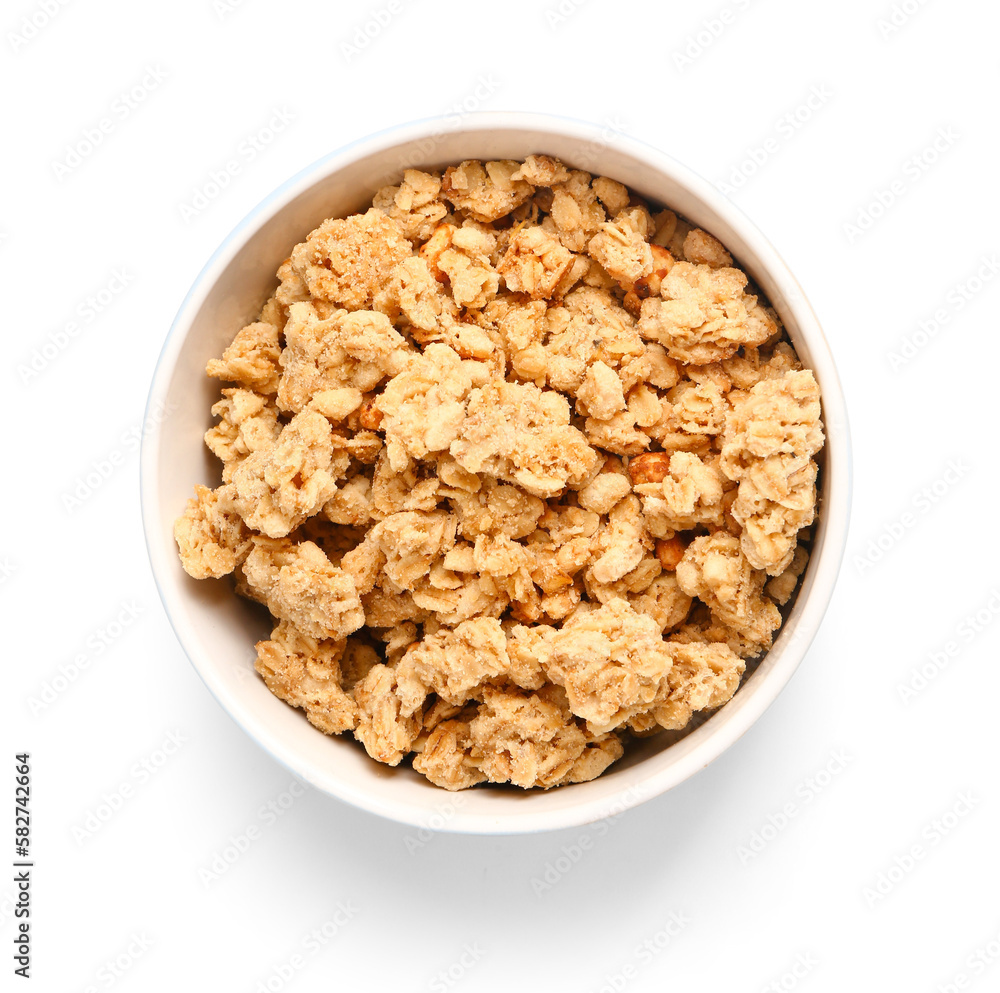 Bowl of tasty granola on white background Bowl of tasty granola on white background
