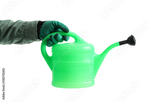 Gardener with watering can on white background