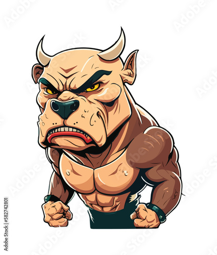 A cartoon image of a dog with a muscular face and a green belt
