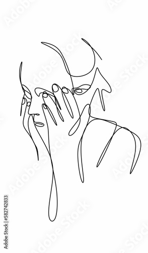 a woman's hand holds a white plaster mask in front of her face. The concept of social and psychological masks. A linear pattern. Psychology. Horoscope. Mask. Emotion
