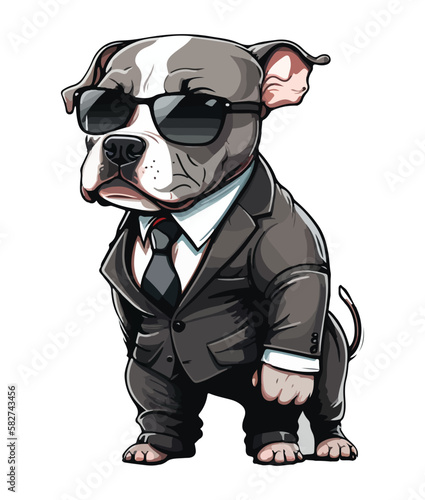 A cartoon dog in a suit with a black nose and glasses