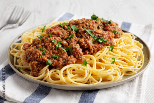 Homemade Vegetarian "Meat" Sauce and Spaghetti Pasta on a Plate, low angle view.
