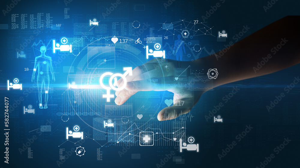 Doctor hand pressing futuristic health device with medical symbol on screen Doctor hand pressing futuristic health device with medical symbol on screen