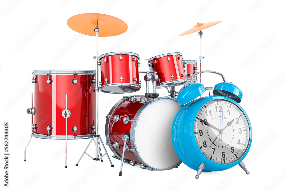 Drum kit with alarm clock, 3D rendering Drum kit with alarm clock, 3D rendering