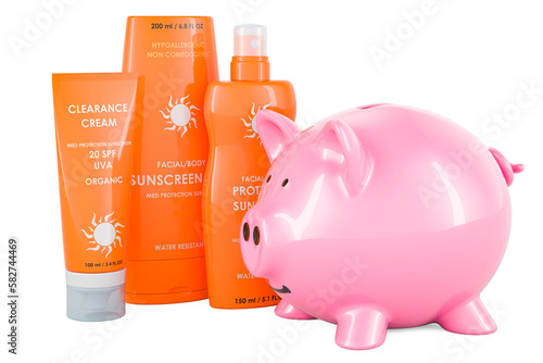 Quadro em tela Sunscreen products with piggy bank, 3D rendering