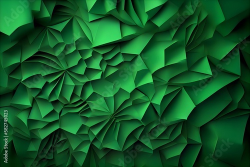 Abstract origami effect. Vibrant green background. Geometric shapes made of folded paper
