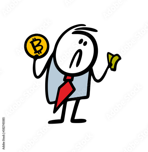 Cartoon disgruntled businessman in a business suit changes the bitcoin cryptocurrency to the animal currency dollars.