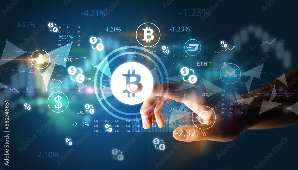 Business person hand pushing currency symbol on multimedia touch screen Business person hand pushing currency symbol on multimedia touch screen