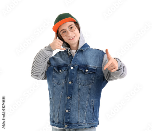 Cool teenage boy showing "c...