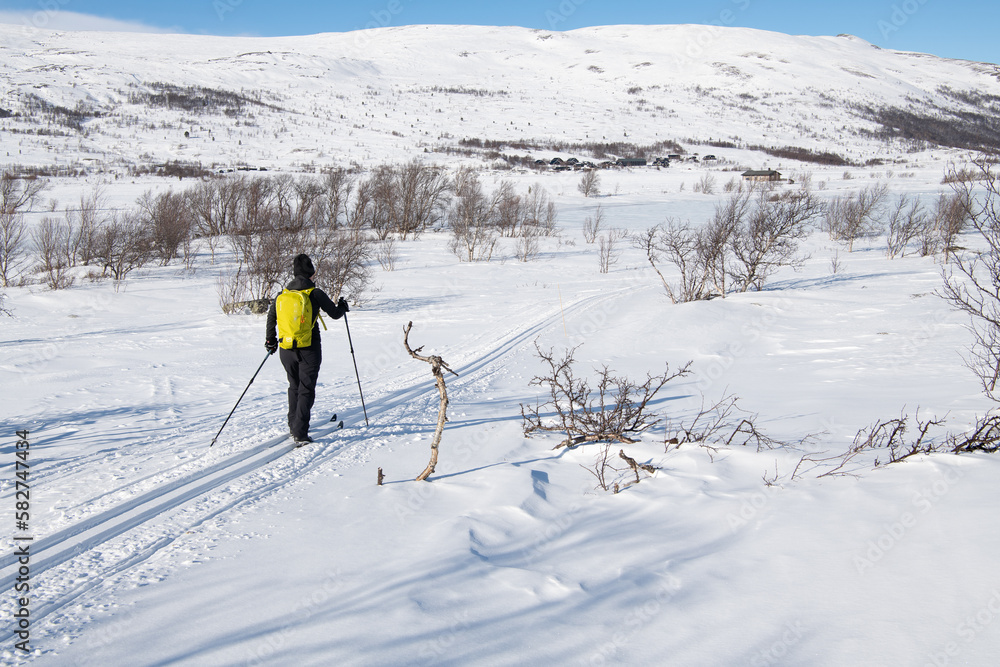Ski Langlauf bei optimalen Bedingungen in Jotunheim, Norwegen - Im Hintergrund sind die , sehr schön an einem zugefrorenen See gelegenen, Bessheimer Fjellstuben zu sehen