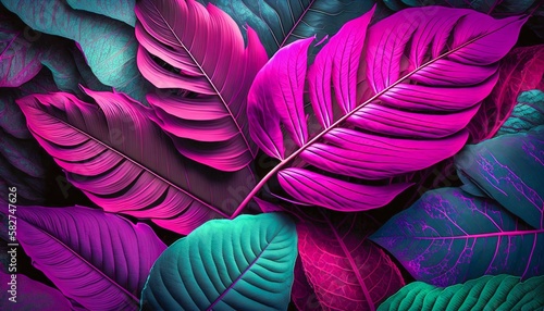 Viva Magenta big many leaves. Forest Viva Magenta saturated plants  flat lay. Generative AI