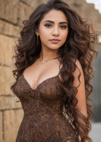 Beautiful brunette latina hispanic woman wearing dress. Generative AI