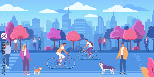 People with bicycles in the ecologically pure city park, landscape. Cycle lane, mobile internet technology and no car sign