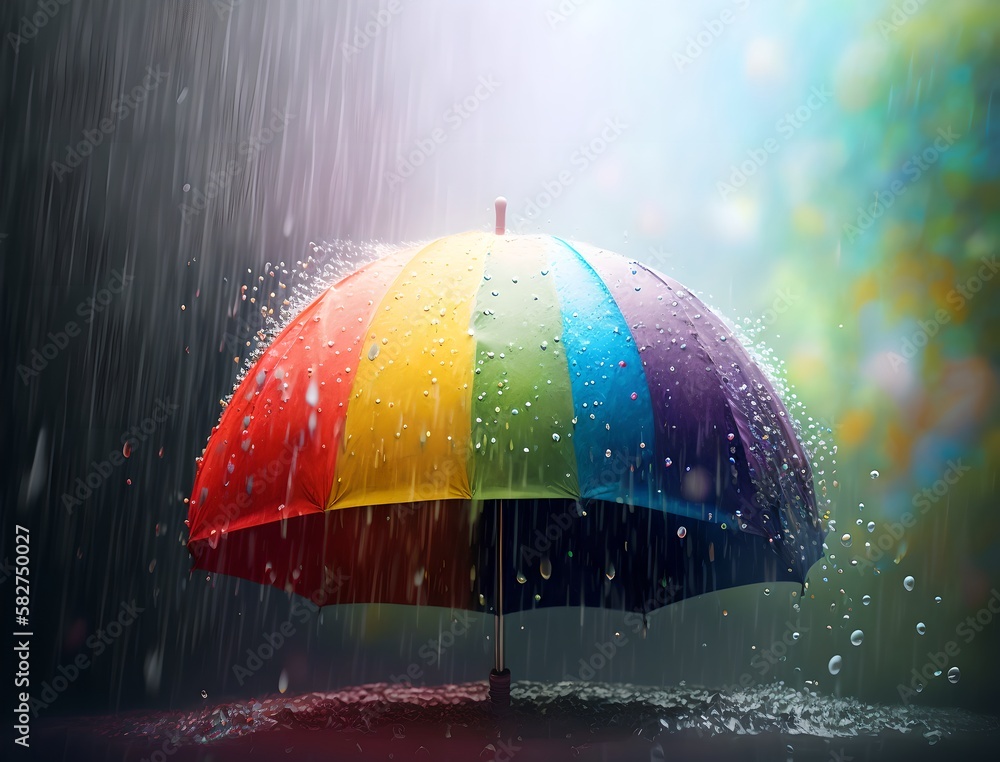 Rain drops fall on a bright umbrella, generative ai illustration