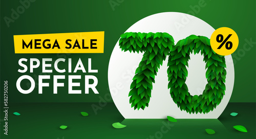 70 percent Off. Discount creative composition. Sale brochure with font made from leaves. Sale banner and poster.
