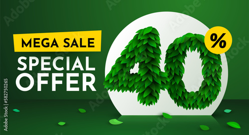 40 percent Off. Discount creative composition. Sale brochure with font made from leaves. Sale banner and poster.