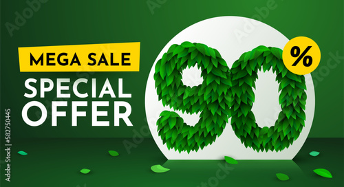 90 percent Off. Discount creative composition. Sale brochure with font made from leaves. Sale banner and poster.