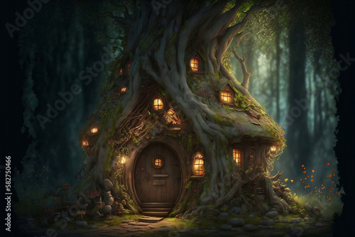 Magical fantasy fairy tale scenery of tree house at night in a forest, generative ai