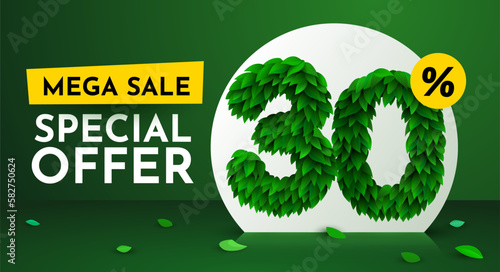 30 percent Off. Discount creative composition. Sale brochure with font made from leaves. Sale banner and poster.