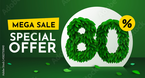 80 percent Off. Discount creative composition. Sale brochure with font made from leaves. Sale banner and poster.