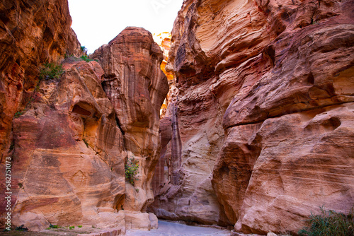 Beautiful Siq canyon in Petra, Jordan. Colorful natural formation. 