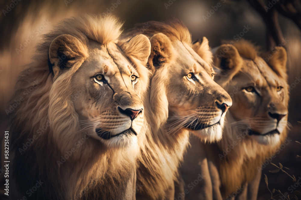 Closeup portrait of three lions in nature. Beautiful natural animal portrait made with generative AI. Closeup portrait of three lions in nature. Beautiful natural animal portrait made with generative AI.