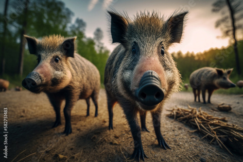 The three boars look curious as they discover the hidden wildlife camera in the forest. Beautiful natural animal portrait with fisheye effect and selective focus. Made with generative AI.