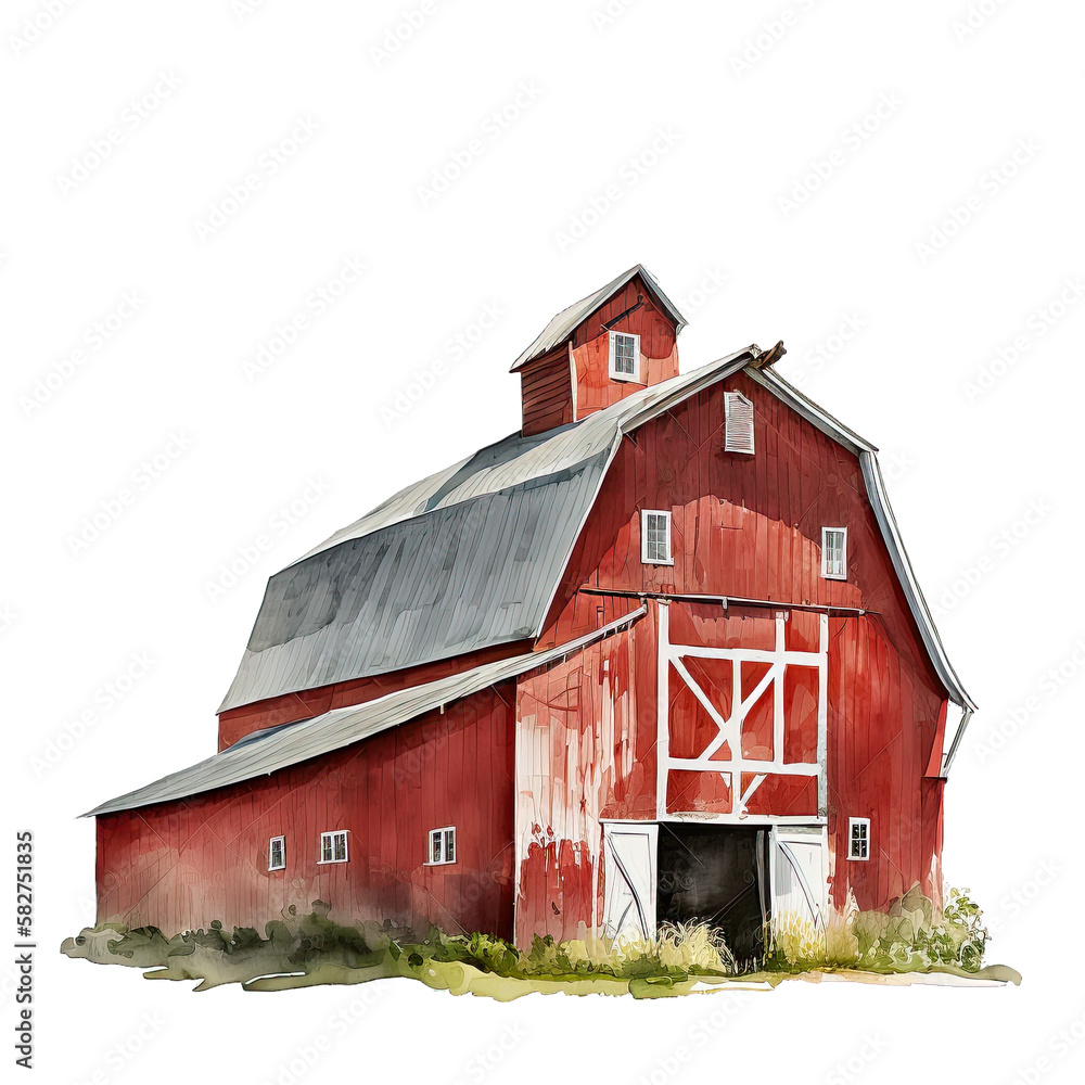Watercolor Red Farm Barn, Generative AI