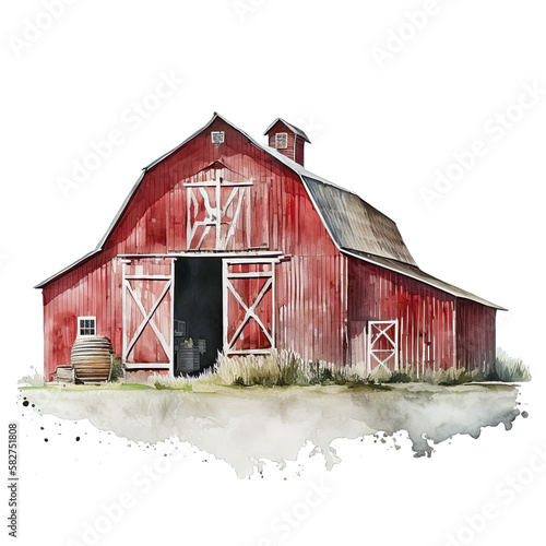Watercolor Red Farm Barn, Generative AI