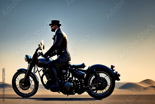 Steampunk man riding a motorcycle - old, day, sunset, hat, machine