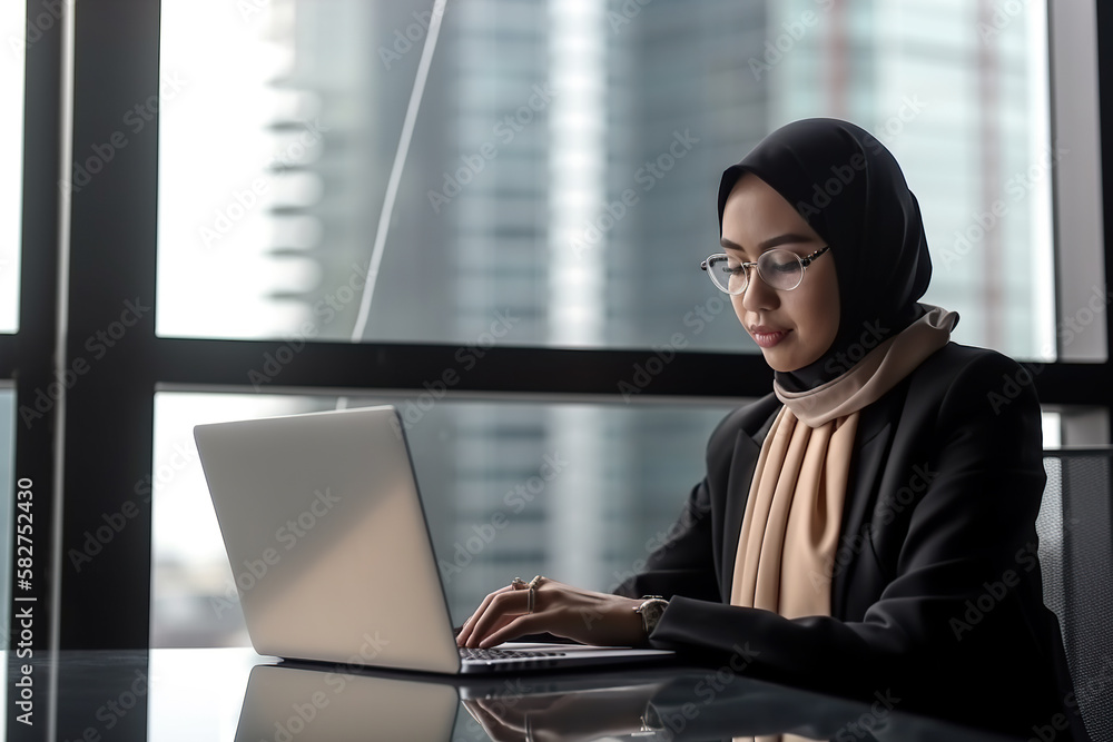 A Malay woman sits at a desk in a modern office, working on a laptop. Generative AI
