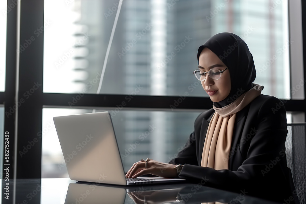 A Malay woman sits at a desk in a modern office, working on a laptop. Generative AI A Malay woman sits at a desk in a modern office, working on a laptop. Generative AI
