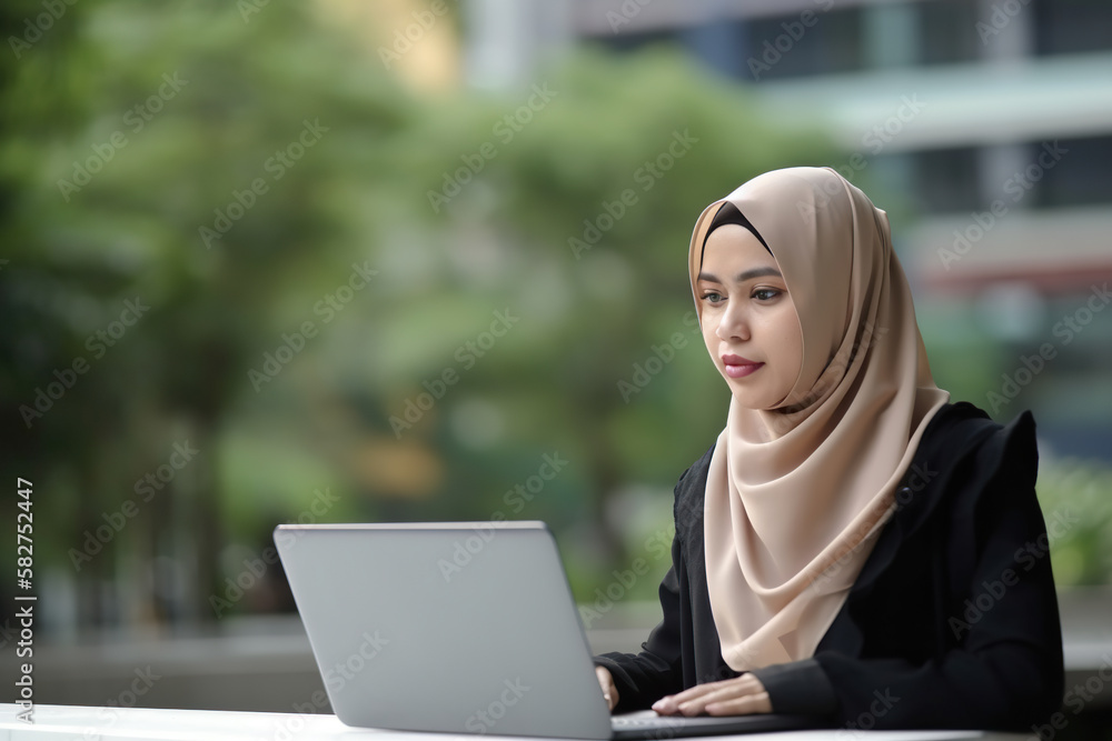 A Malay woman sits at a table with a laptop. Generative AI A Malay woman sits at a table with a laptop. Generative AI