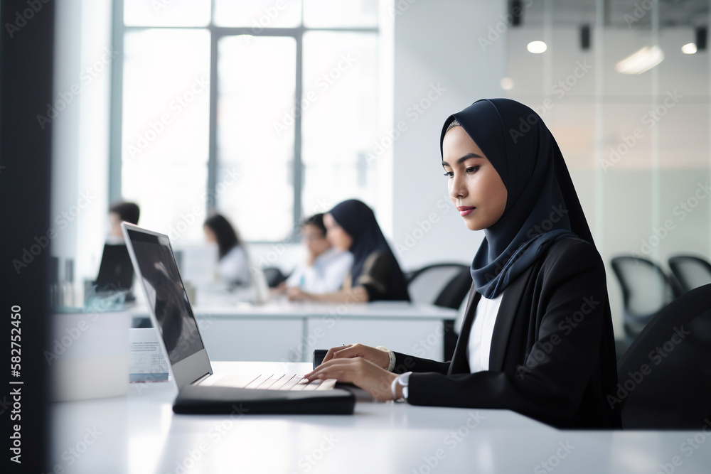 A Malay woman in a business suit sits at a desk and office background. Generative AI A Malay woman in a business suit sits at a desk and office background. Generative AI