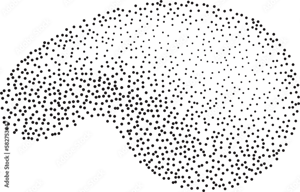 Abstract halftone shape with fluid gradient dots. Liquid stipple grunge stain with gradation. Grainy random shading element. 
