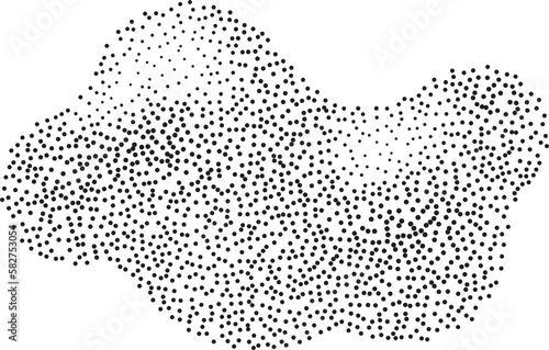 Abstract halftone shape with fluid gradient dots. Liquid stipple grunge stain with gradation. Grainy random shading element.  