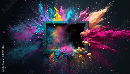 colorful powder paint explosion in the centre of a frame. Generative AI.