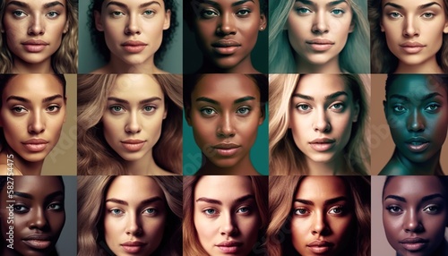 collage of multi ethnics of beautiful women on color background.