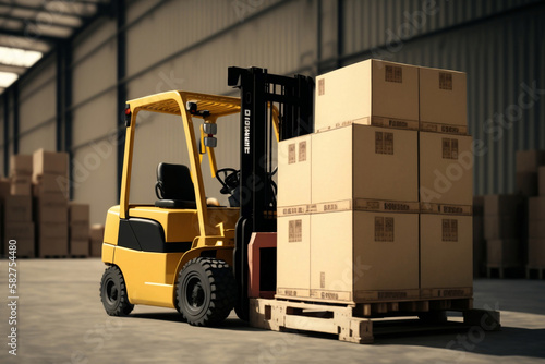 Forklift loads pallets boxes, generative ai