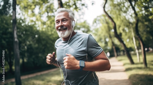 happy elderly man running on the park wearing headphones. Generative AI.