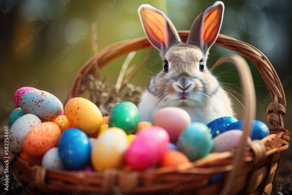Festive Easter Greetings with a Colorful Bunny and Abundant Eggs from Generative AI Festive Easter Greetings with a Colorful Bunny and Abundant Eggs from Generative AI