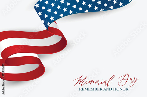 Memorial Day banner or flyer background with American flag ribbon. United States of America national holiday. Vector illustration.