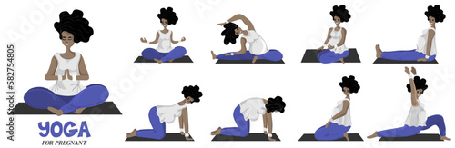 Yoga for pregnant. Pretty african american pregnant woman doing yoga, having healthy lifestyle and relaxation, exercises for pregnant woman. Happy and healthy pregnancy concept. Vector illustration