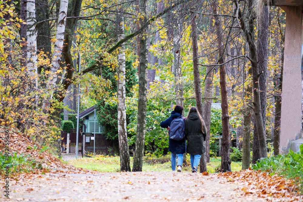 Fototapeta premium Pedestrians walk along a street strewn with autumn leaves