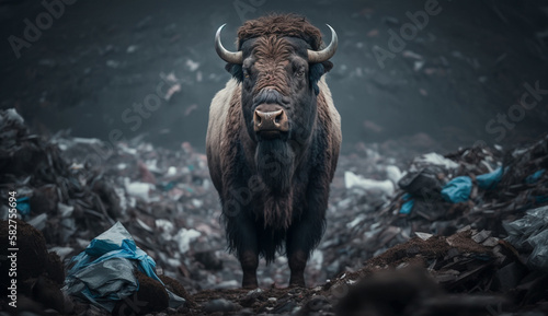 A bison stands near a pile of plastic with looking for food and accommodation, Concept of saving the world. Generative AI.
