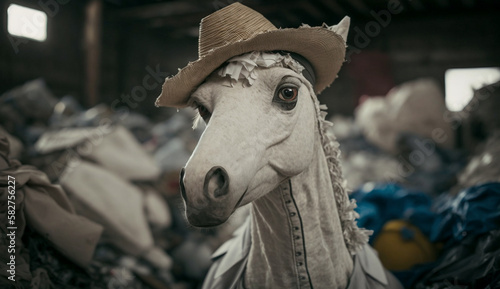 white horse stands near a pile of plastic with looking for food and accommodation, Concept of saving the world. Generative AI. © Gassenee
