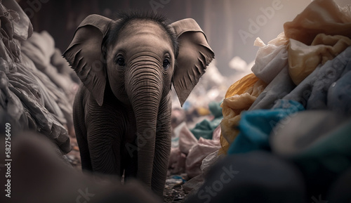 An elephant stands among the piles of plastic waste looking for food and shelter, Concept of saving the world. Generative AI.