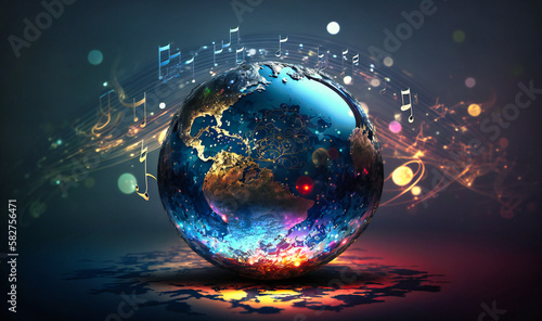 A musical globe manipulation background with music notes representing the world's diverse sounds photo