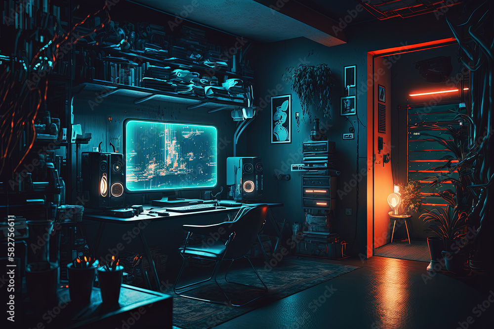 Fototapeta Cyberpunk room. created with Generative AI technology