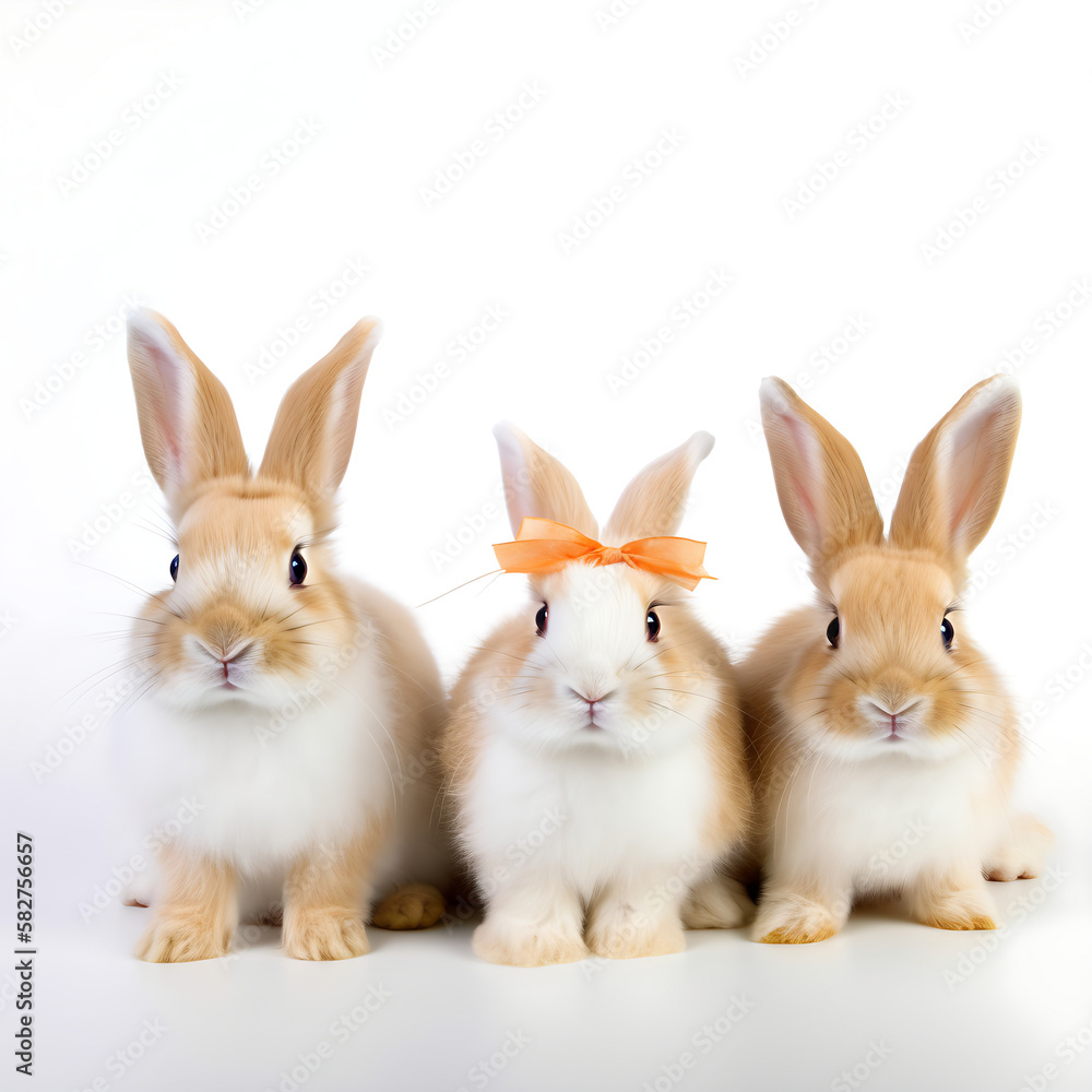 Isolated Easter white fluffy bunnies is sitting and looking at the camera, created with Generative AI technology. White background.